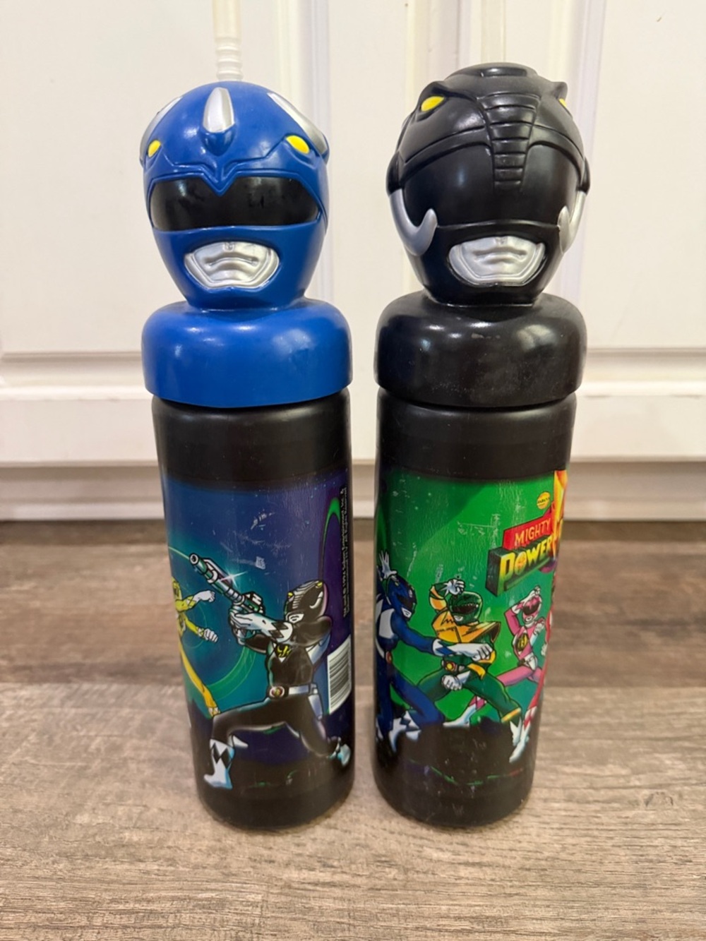 Two Vintage Mighty Power Rangers-Inspired Kids Water Bottle - Blue & Black